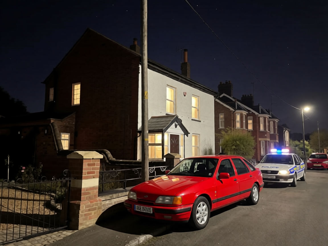 Illustration of a police car pulling up outside the house, lights blazing