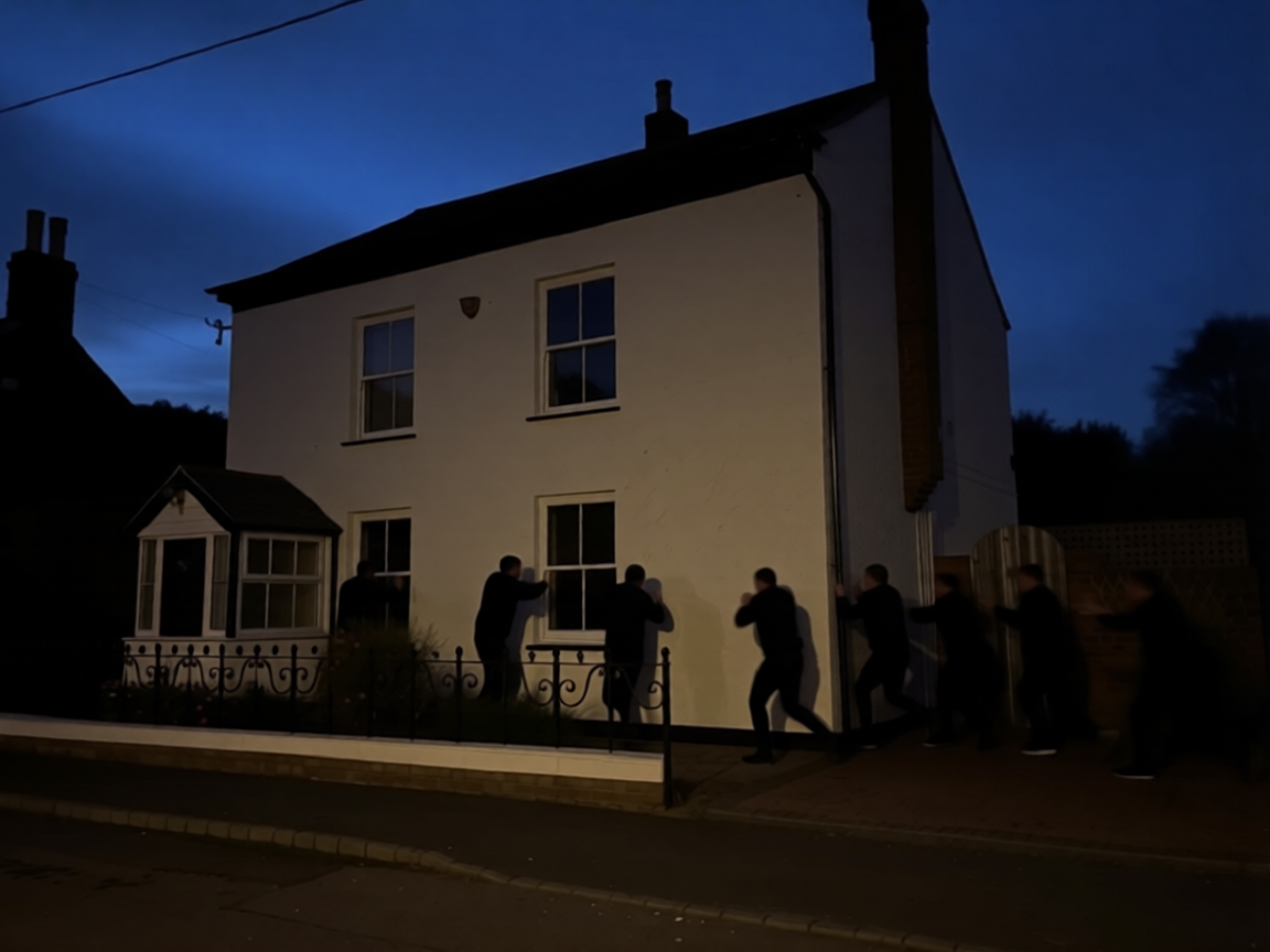 Illustration of the gang of lads banging on the house